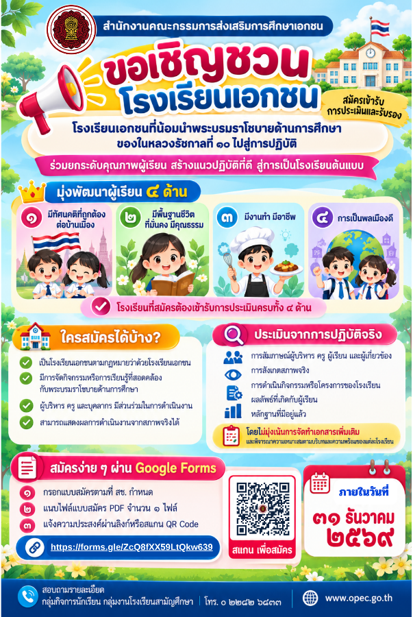 ขอเชิญเข้าร่วมการประเมินและรับรองโรงเรียนเอกชนที่น้อมนำพระบรมราโชบายด้านการศึกษาของในหลวงรัชกาลที่ ๑๐ ไปสู่การปฏิบัติ